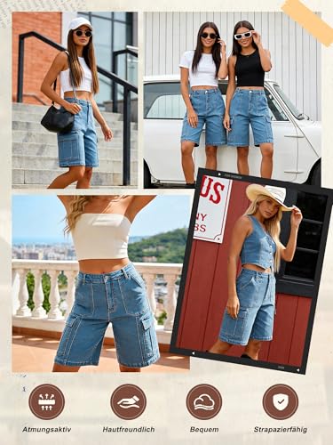 StylSense Jeans Shorts Damen Sommer Bermuda Cargo Kurze Hose Baumwolle Hohe Taille mit Elastischem Bund und 6 Taschen (Blau_J, XL)