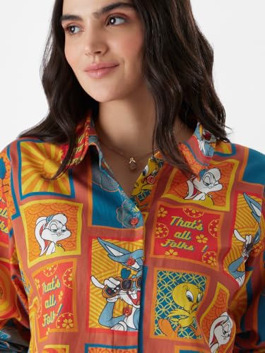 Image of The Souled Store Official Looney Tunes: Indie Vibes Women Oversize Fit Full Sleeves Graphic Printed Polyester Multicolored Shirt Shirts Casual Button-Down Half Sleeve Printed Graphic Short