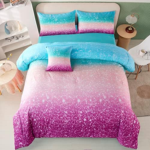 PERFEMET 6 Piece Full Size Comforter Sets for Teens Girls, Tie Dye Rainbow Ombre Bed in A Bag, Gradient Glitter Sparkle Bedroom Decor Bedding Set (Blue Teal Purple, Full)