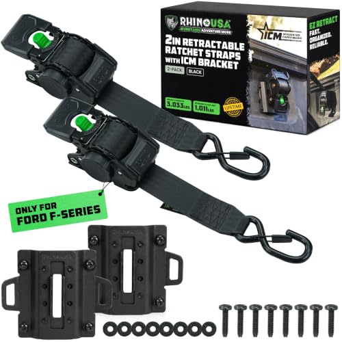 Ford Only Rhino USA Integrated Cargo Magic Bed-Mounted Retractable Ratchet Straps (2PK) for Ford F150 (2015+) & F250 (2017+) BoxLink Compatible 360 Swivel Heavy-Duty Tie Downs