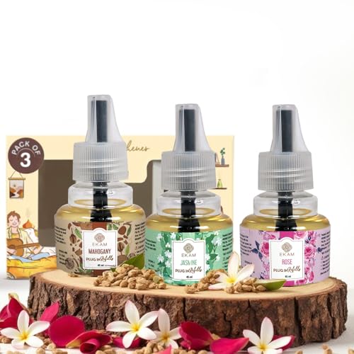 EKAM | Combo Pack Of 3 | Mahogany, Rose & Jasmine Scented Plug-In Liquid Air Freshener Refill| 45Ml Each | Lasts up to 125 Days Each / 500 Hours Each | Perfect for Living Rooms, Bedrooms & More
