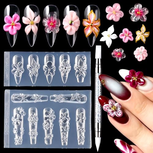 SUTOZMIWE 2PCS Silicone Nail Art Molds Spring Summer Flower Nail Charms Molds Sakura Lily Floral Design Clear Modeling Templates Silicone Nail Tools with Carving Pen for Salon Nails Design