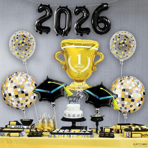 Image of KatchOn, Graduation Balloons - Pack of 11 | Black and Gold Graduation Decorations 2026 | 2026 Graduation Party Decorations