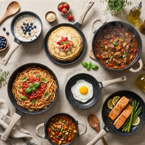 Image of USELUCK 22-Piece Ceramic Cookware Set with Utensils, Pots and Pans Set | PFAS-Free Non-Toxic Healthy Cooking Set, Even Heating, Easy to Clean, Induction Compatible, Black