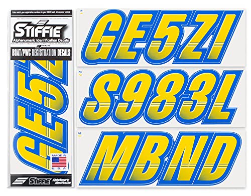 Image of STIFFIE Techtron Yellow /Blue 3 inch Boat & PWC Registration Decals • Numbers Letters Stickers