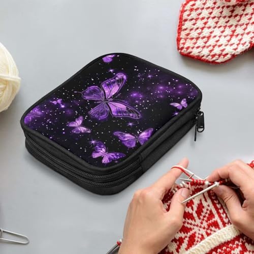Image of Crochet Hook Case Purple Butterfly Crochet Hook Holder Portable Crochet Hook Storage Bag with Web Pockets Suitable for Crochet Needles /Knitting Accessories