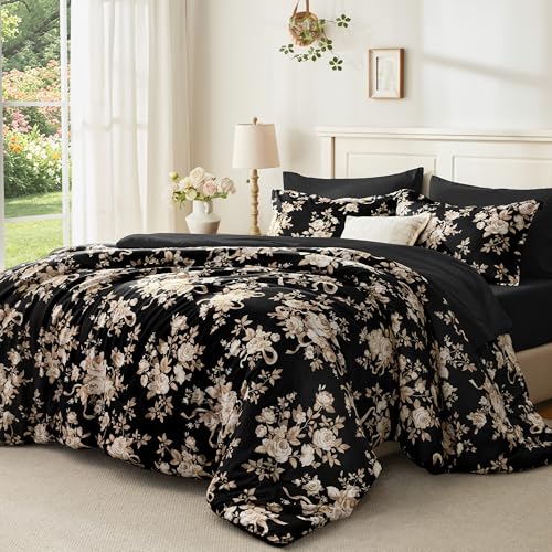 Image of Andency Floral Comforter Set Full Size, 7 Pieces Black Flower Lightweight Bedding Set for All Seasons, Soft Vintage Bed in a Bag with Comforter, Sheets, Pillowcases & Shams
