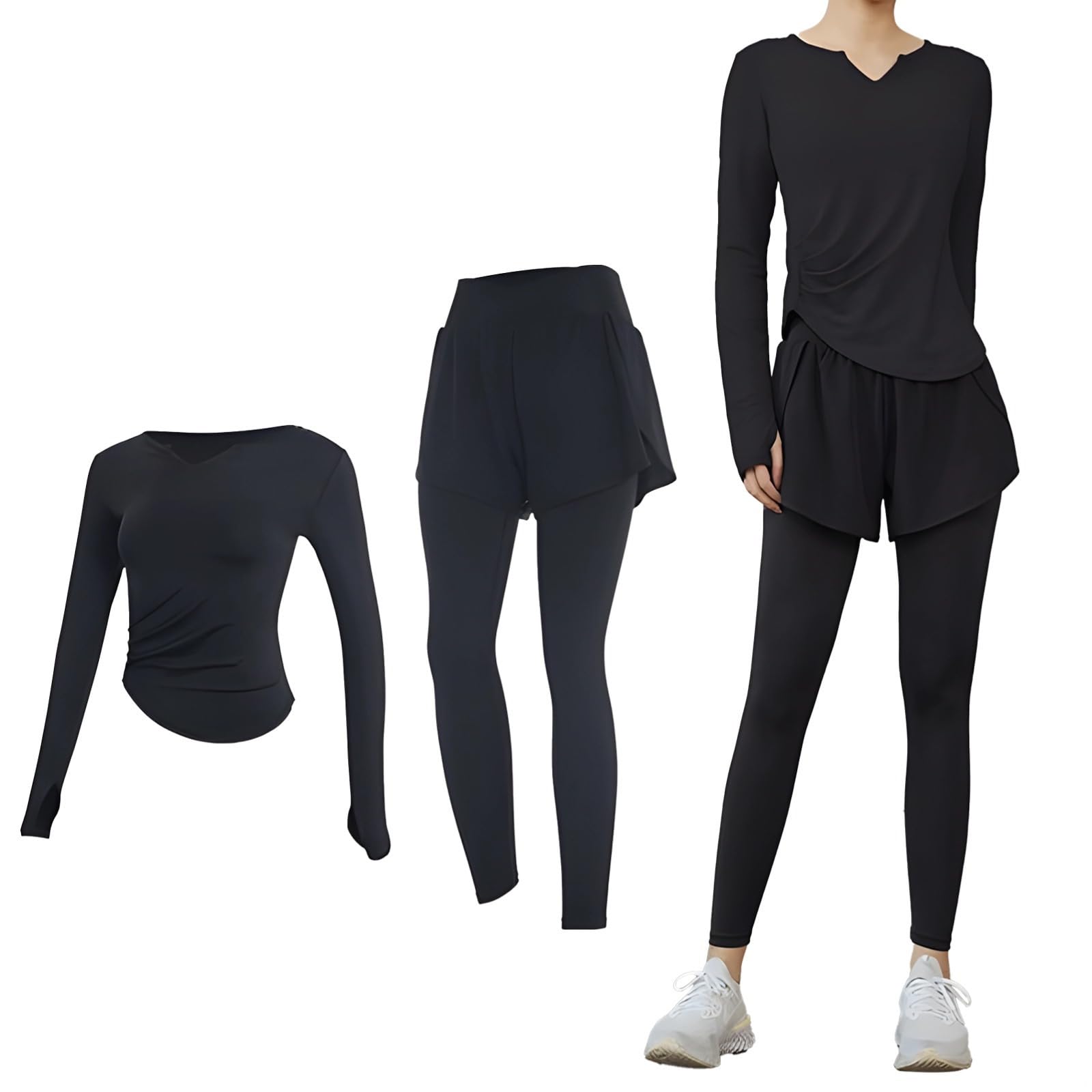 Completo da pilates nero da donna, taglia XXL (61-68 kg), include top a maniche lunghe e pantaloncini o leggings, morbido poliestere spandex