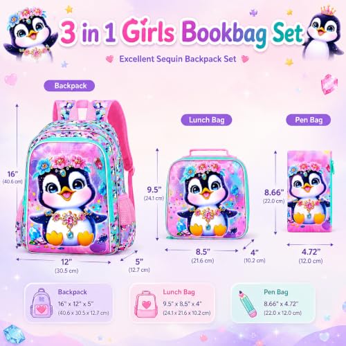 Image of 16 inch Girls Backpack, 16 inch Kids Bookbag with Lunch Box,Penguin School Backpacks for Elementary Preschool Kindergarten (Pink)