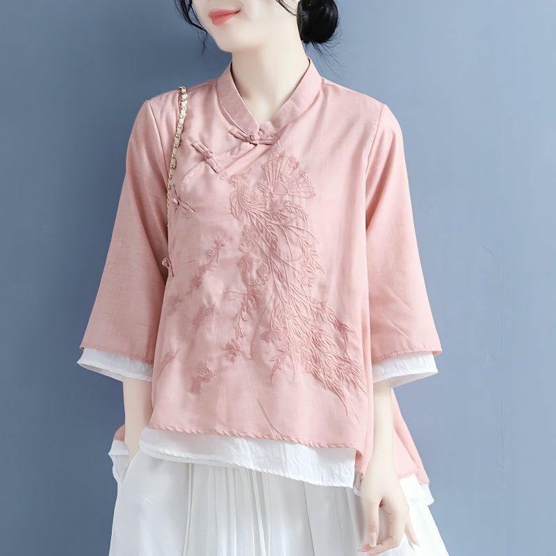 Women's Spring Summer Embroidered Literary Retro Frog Button Asymmetrical 3/4 Sleeve Tea Outfit Top