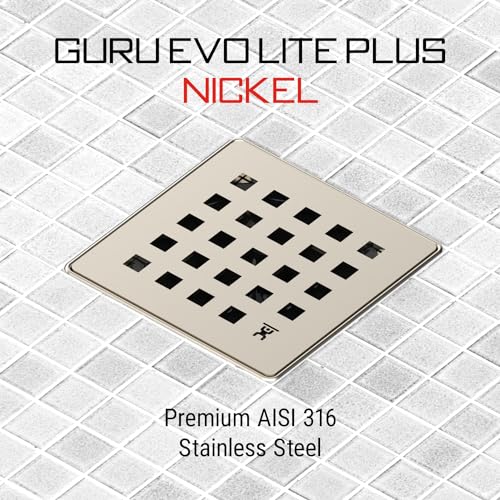 GURU USA Evo Lite Plus Square Stainless Steel Shower Drain with ABS Base & Hair Strainer, Bathroom Accessories for Shower Floor Drainage, Plus Nickel - Image 3