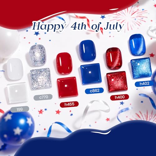 Image of Beetles 4th of July Gel Nail Polish Set, 6 Colors Red White Blue Cat Eye Gel Polish Sliver Glitter Gel Polish with Magnet & Stickers, Patriotic DIY Nail Art Gift for Women