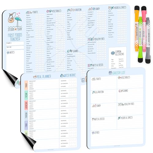 Image of Baby First Food Tracker, Magnetic Meal Planner, Fridge Grocery Shopping List Chart (3 in 1) - Dry, Erase Menu Planner, Strong Stickiness on Refrigerator - 11.6”x8.2”, Blue - Baby Led Weaning Supplies