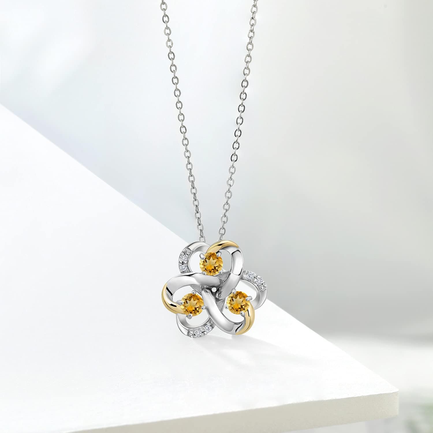Gem Stone King 925 Silver and 10K Yellow Gold Round Yellow Citrine and White Moissanite 3-Stone Pendant Necklace For Women (0.82 Cttw, Gemstone November Birthstone, with 18 Inch Chain)