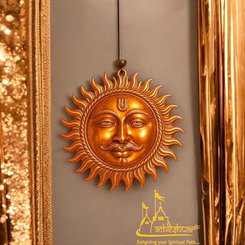 Image of Achleshwar Surya Dev Copper Wall Hanging Sun God Face Idol for Home Entrance Vastu Puja Decor for Wealth Positivity Energy Protection 9 cm