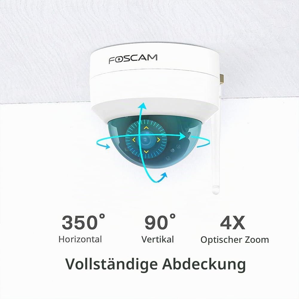 FOSCAM D4Z 4 MP Dual-Band WLAN PTZ Dome Überwachungskamera mit 4-Fach optischem Zoom, inkl. 64GB SD Karte, Wetterfest IP66 und vandalismusgeschützt IK10, Nachtsicht bis 20 m, Menschenerkennung