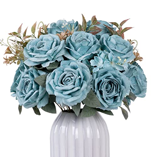 Hobyhoon Bouquet de roses artificielles en soie pour mariage, maison, décoration de chambre, anniversaire, décoration de table de jardin (bleu) Cover