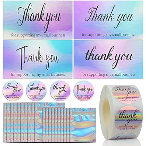 620PCS Thank You Card Set, 100PCS Holographic Silver Thank You for Supporting My Small Business Cards 500PCS 1.5” Thank You Stickers Resealable Smell Proof Bags for Business Owners Cover