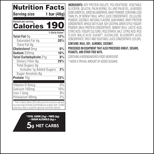 Image of Atkins Blueberry Greek Yogurt Flavor High Protein Bar, 24 Count | 15g Protein, 3g Sugar, 5g Net Carb, Rich in Fiber, 6 Packs of 4 Count Bars, Individually Wrapped 1.69oz Bars
