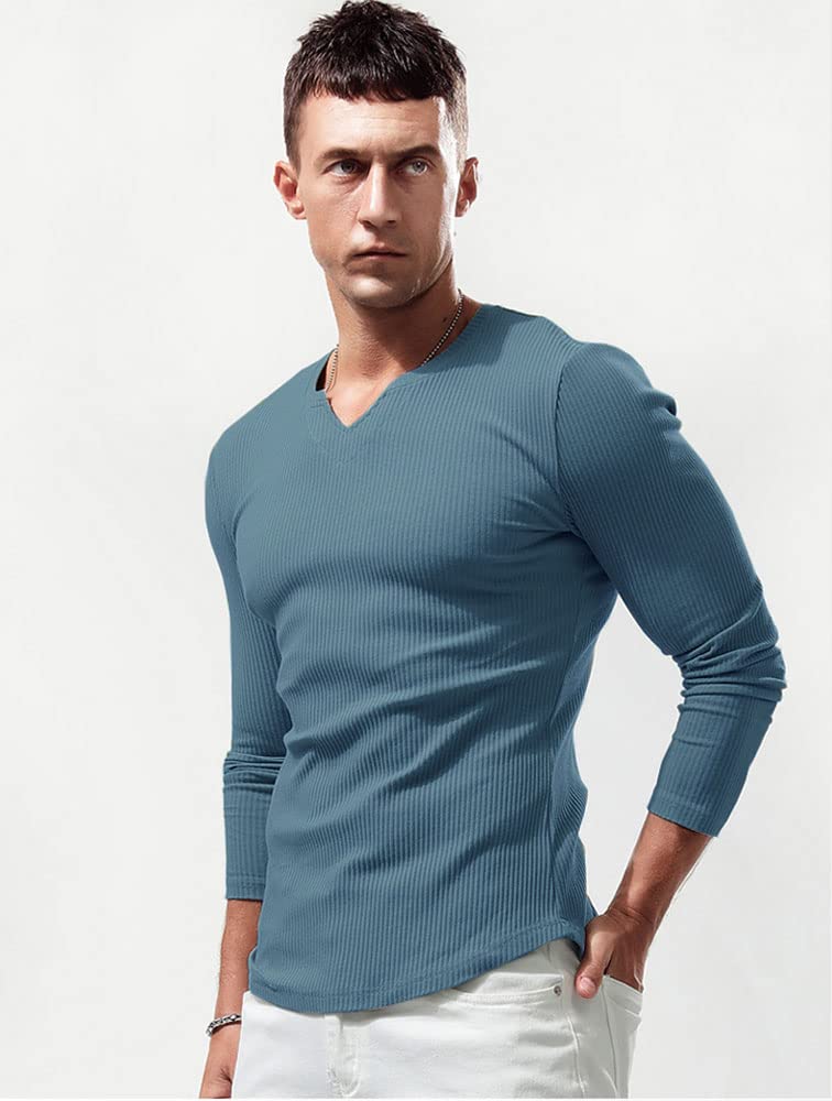 Lehmanlin T-Shirt de Sport à Manches Longues pour Homme, Col en V Extensible, Coupe Musclée, sous-vêtement Décontracté, T-Shirt Thermique Léger pour Homme