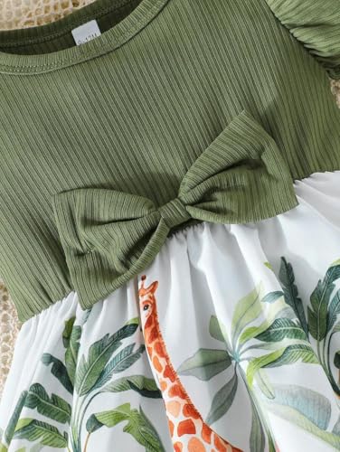 Image of Girls Fit & Flare Dress with Bow | Ribbed Short Sleeve Top & Printed Flared Skirt | Butterfly Floral /Jungle Safari Print | Casual Frock for Kids (9M-4Y)(DW-235)