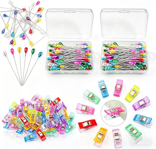 200 Stecknadeln mit Kopf + 60 NäHklammern Edelstahlnadeln 55 mm Buntes NäHzubehöR Stoffklammern zum NäHen NäHzubehöR zum Basteln Quilten Falten Schmuckherstellung mit Aufbewahrungsbox