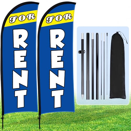 Buryeah 2 Sets FOR RENT Feather Flag Kit 8ft FOR RENT Flag Banner Bulk with Pole Ground Spike and Portable Bag for Estate Flags Business Advertising Outside Ground (8ft,Blue)