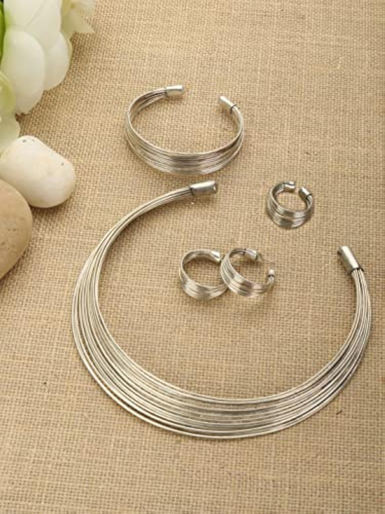 Silver Plated Necklace with Earring, Ring & Bracelet for Women