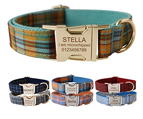 Custom Dog Collar With Metal Buckle - Pet Collars Personalized With Name And Phone Number (Plaid) #TOP4