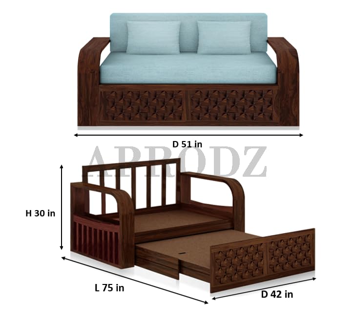 Image of APRODZ Solid Sheesham Wood Sofa Cum Bed 2 Seater Velevt Fabric with Turquoise Upholstery & Cushion Perfect Sofa Furniture for Home Living Office Room and Guests (Walnut Finish 75x51x30-Inch)