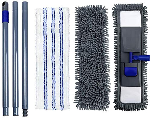 Flat Dust Mop with 4PCS Chenille and Microfiber Mop Pads Refills Adjustable Handle Cleaning Comb Magic Sweeping Cleaning Mop Floors