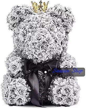 Silver Silk Rose Bear Flower Teddy Bear 