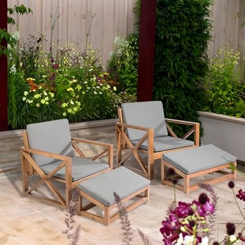 FURNDOOR 2-Piece Wood Patio Chair and Ottoman Set with Cushions Outdoor Patio Furniture Set Outdoor Chairs with Ottomans Set of 2 for Backyard, Porch, and Poolside (2 Sofa+2 Ottoman) Cover