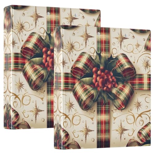 Image of Christmas Bow Holly Berries 3 Ring Binder with 2 Interior Pockets 1.5 inch Binders 3 Ring Heavy Duty Fit 8.5 inch x 11 inch Letter Size for Office School, 2 Pack