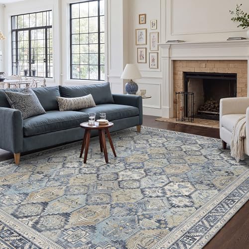 GENIMO 8x10 Area Rugs for Living Room, Machine Washable Non Slip Vintage Rugs, Low Pile Lightweight Chenille Print Rug for Bedroom, Dining Room, Home Office, Brown Blue