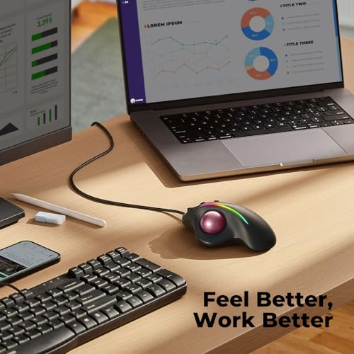 Image of Wired Trackball Mouse with RGB Lighting, Ergonomic Thumb Control to Reduce Muscle Strain, 5 Adjustable DPI, Dual USB-C & USB-A Connectivity, Compatible with PC, Laptop, Mac, Windows-Pink