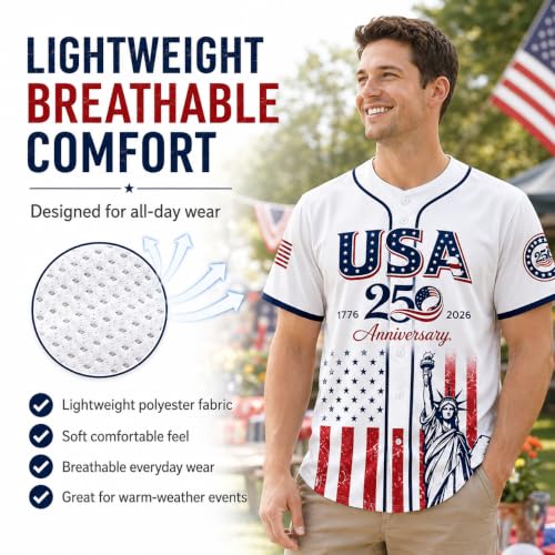 USA Camiseta de Béisbol por el 250 Aniversario, Estatua de la Libertad con Bandera USA, Camisa Transpirable con Botones miniatura 3
