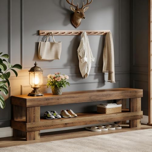Image of Softa 59 Inch Entryway Bench with Shoe Storage Shelf, 2-Tier Shoe Seat with 3.35 Inch Thickened Top, Long Farmhouse End of Bed Bench for Bedroom, Hallway, Living Room or Dining Room