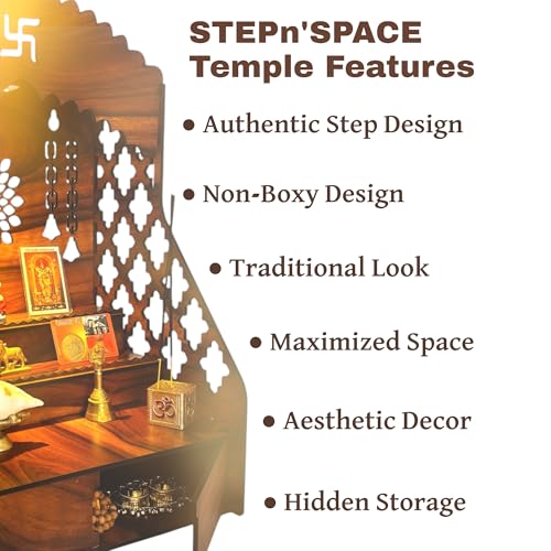 Image of STEPn'SPACE Wooden Temple For Home Big Size Mandir With LED Light & Step Wall Hanging Puja Mandir For Home Temple For Office Pooja Stand For Home & Office Temple With Storage For Shop XL-D28Xw43Xh55Cm