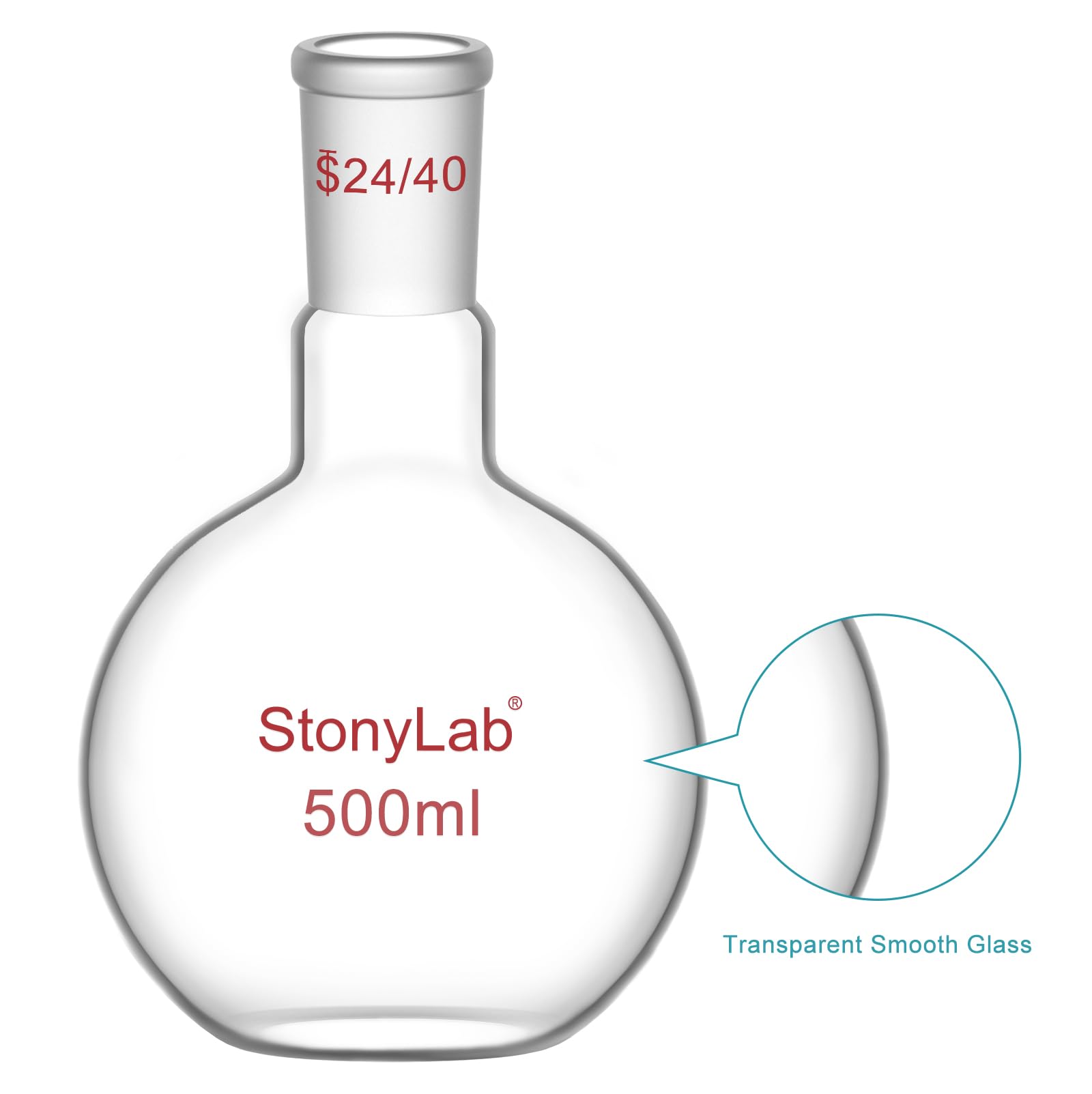 stonylab Pallone di Ebollizione a Fondo Piatto con Collo Singolo Borosilicato in Vetro, con Giunto Esterno Conico Standard 24/40, Matracci da laboratorio Palloni per Ebollizione Boiling Flask, 500ml