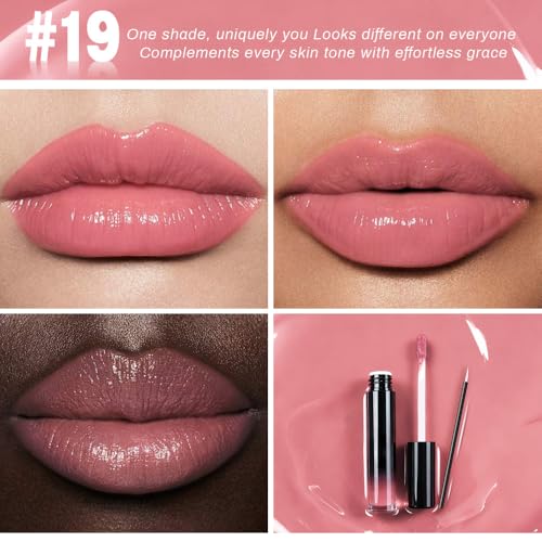 Image of evpct Nude Pink Shiny Longwear No-Budge Liquid Lip Color Lipstick Makeup, Highly Pigmented Color Instant Shine, Waterproof Long Lasting Lipstick for Women, Lip Stain Gloss with Lip Liner Brush, 19#