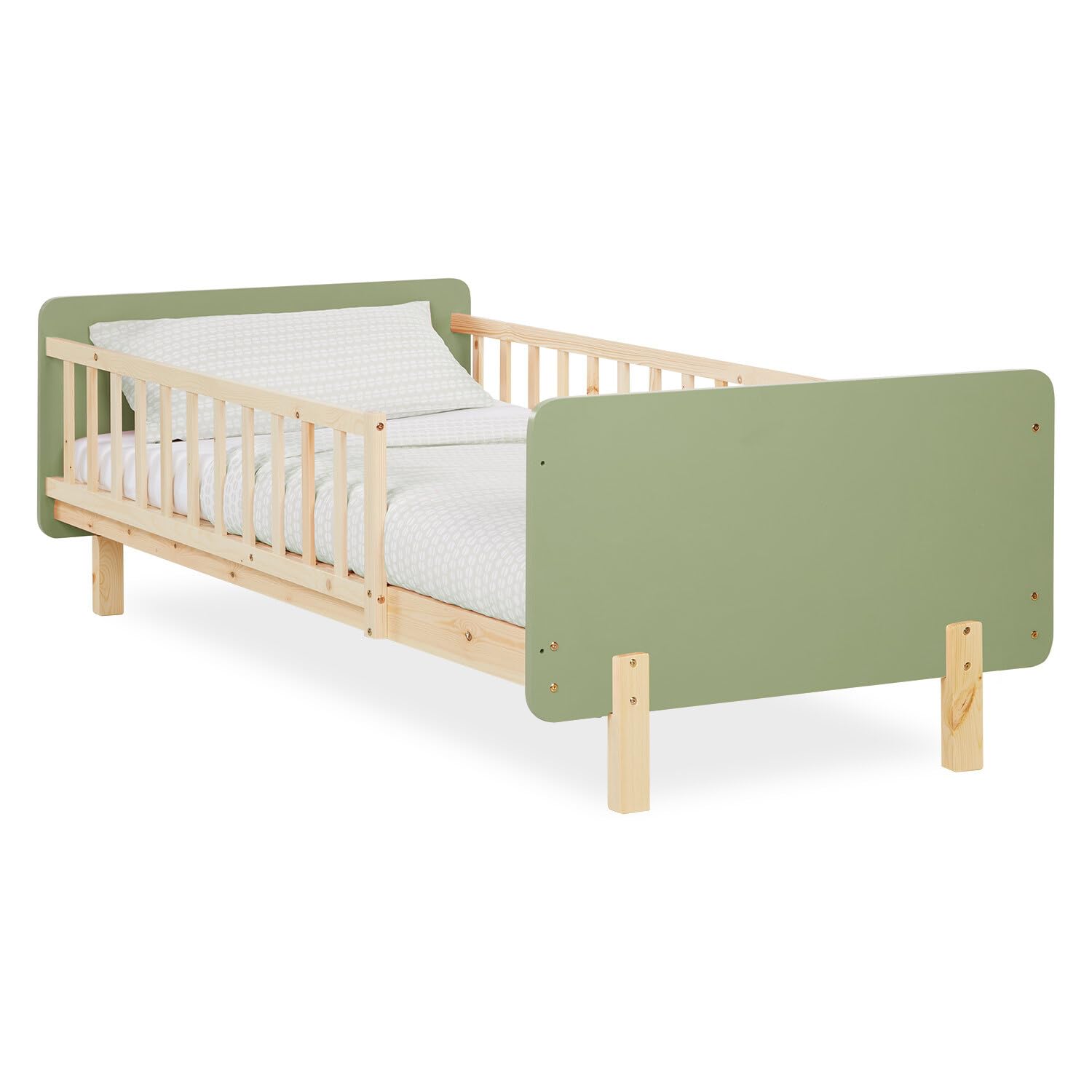 Homestyle4u Kinderbett 90x200 mit Rausfallschutz & Lattenrost Grün | Massivholz Kleinkindbett aus Kiefer im Montessori Design - Gitterbett für Jungen & Mädchen - Stabiles Juniorbett Natur