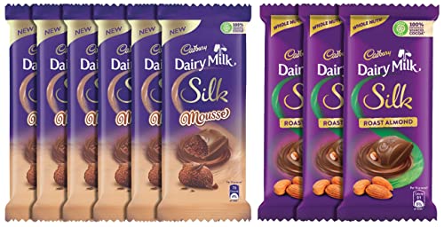 Image of Cadbury Dairy Milk Silk Roasted Almonds Chocolate Bar, 143G (Pack Of 3) & Dairy Milk Silk Mousse Chocolate Bar, 6 X 50 Gram