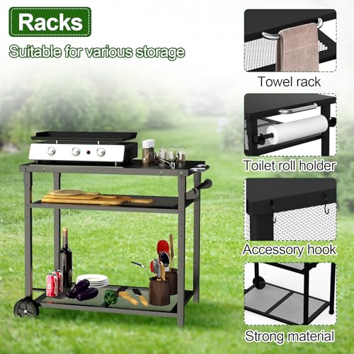 nomiou Grillwagen Servierwagen aus Metall,3-Etagen Outdoor Plancha Grilltisch Rollwagen Trolley wasserdicht Arbeitsplatte 85 x 51cm