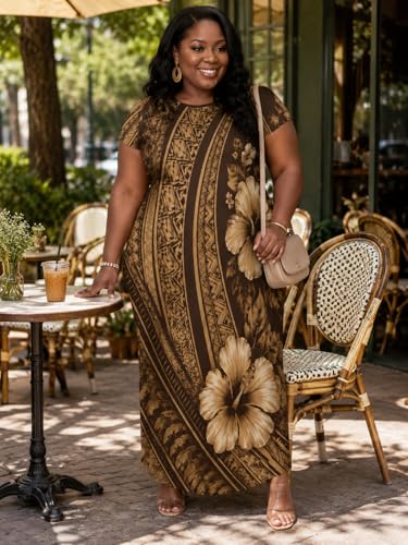 Image of Plus Size Maxi Dress for Women Short Sleeve V Neck Casual Loose Sundress with Pockets