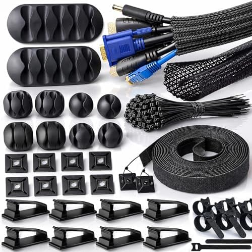 MiuCo Kabelmanagement Set mit 2m Kabelschlauch, Kabelkanal für Schreibtisch und Kabel Organizer, Büro Selbstklebend Kabelhalter, Kabelklemmen & Kabelclips - Schwarz Kabelführung Bü