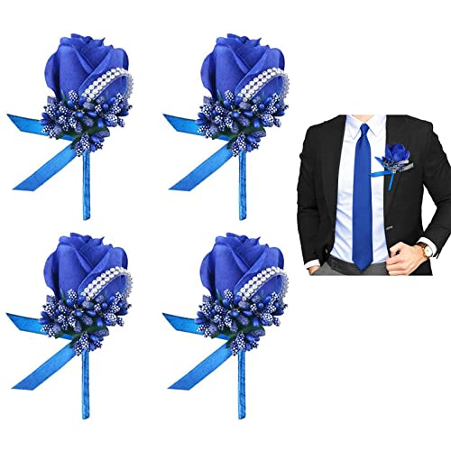 Wedding Boutonniere Handmade Rose Corsage Buttonhole Flowers Artificial Wedding Prom Banquet with Pin and Clip (4pcs, Royal Blue)