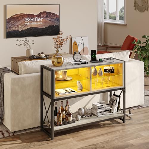 Bestier Coffee Corner Bar Cabinet for Living Room, Sideboard Table Buffet with LED Console Table with Open Storage & Glass Shelves, Display Shelf Kitchen, Grey