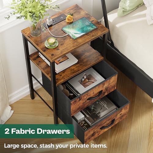 Image of Huuger Nightstands Set of 2, End Tables with Charging Station, Side Table | Side Tables with Fabric Drawers, Bedside Tables with USB Ports and Outlets, Night Stands for Bedroom, Rustic Brown