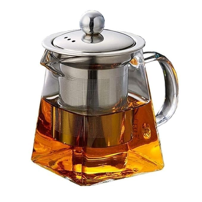 Image of Borosilicate Glass stovetop Kettle with Stainless Steel Infuser teapot to Infuse Tea Coffee Black Tea harbal kadha Tea Pot for Making Green Tea (Square Teapot 750 ML)